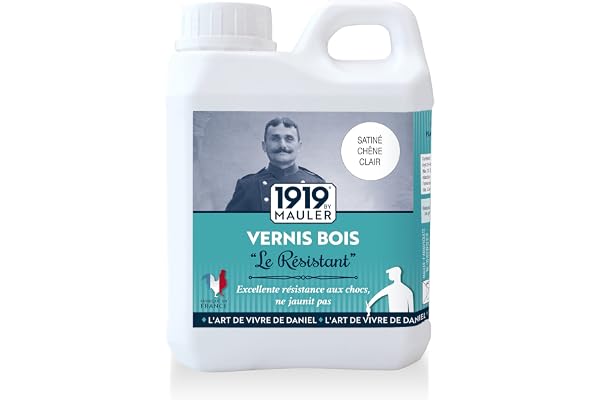 1919 BY MAULER - Vernis bois « Le Résistant » - 0,5L - Satiné Chêne Clair - Protection contre taches et rayures pour meubles, poutres, boiserie intérieure.