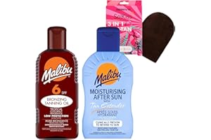 DELUXIO GIFTS Malibu Bronzing Tanning Oil SPF6 200ml, Malibu Moisturising After Sun Tan Enhance Lotion with Tan Extender 200ml bundled with Self Tanning Mitt