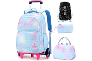 VOICI ET VOILA Mochilas Escolares con Ruedas Carro para Mochilas Escolares Niña Niños Grande Bolsas Escolares 6 Ruedas Trolley Bag Mochila Infantil Azul 32x18x45CM