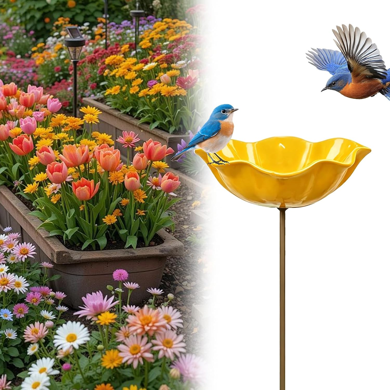 Handmade Metal Flower Garden Stake Bird Bath, Flower-Shaped Bee Watering Station for Garden, Bee Watering Floral Stake Station, Butterfly Bee Bath Bowl for Outdoor Yard Patio Pathway Decor (Yellow)