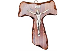 La Balestra Croce Tau da Parete - Artigianale Made in Italy Cristo e INRI Placcati Argento 999 - Crocifissi da Parete in Legno, Cura e Precisione dei dettagli di Gesù Crocifisso - 18x14cm