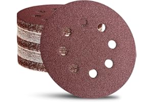NOOKEYA 52 Pack 5 Inch 8-Hole Hook and Loop Sanding Discs Sandpaper Red Round 60 80 120 220 320 Mixed Grits Sandpaper for Random Orbital Sander