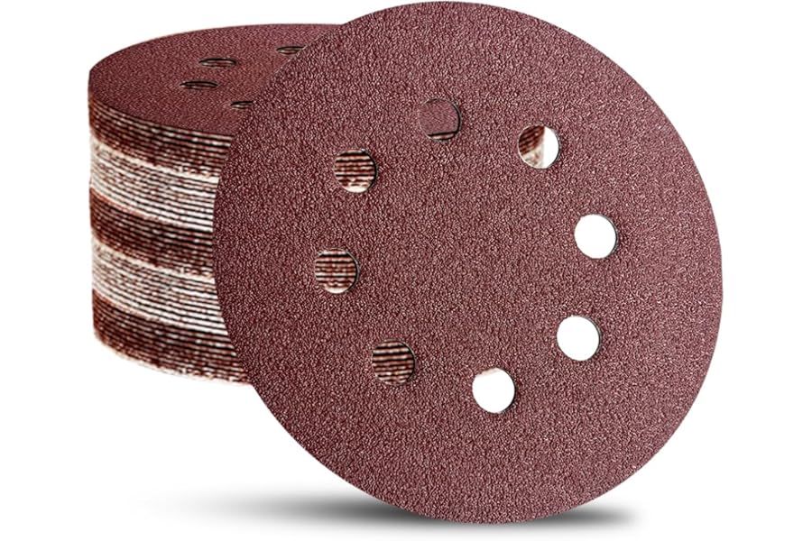 52 Pack 5 Inch 8-Hole Hook and Loop Sanding Discs Sandpaper Red Round 60 80 120 220 320 Mixed Grits Sandpaper for Random Orbital Sander