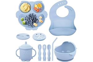BNDITEU Baby Weaning Set, Silicone Baby Feeding Set(10 Pcs), Toddler Weaning Set with Adjustable Bib, Suction Bowl, Plate, Fork, Spoon, Water & Snack Cup Kit for Babies, Toddler and Kids