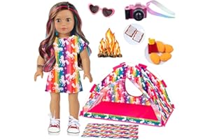 ZITA ELEMENT Unicorn Doll Camping Tent Set for 18 Inch Girl Doll Accessories Including 18 Inch Doll Tent Placemat Doll Clothes Chocolate Cookies Chicken Nuggets Paper Campfire eyeglasses