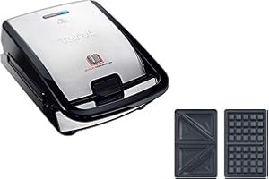 TEFAL SW852D Snack Collection, Opiekacz do kanapek i gofrów, 2 wymienne komplety płyt w zestawie, Moc 700W, Możliwość mycia w zmywarce, srebrny