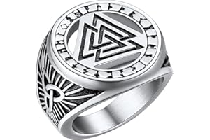 FaithHeart Viking Ring Men's Norse Compass/Thors Hammer/Valknut Nordic Rings Stainless Steel/Gold/Black Plated Signet Ring Size O-Z+3(With Gift Box)