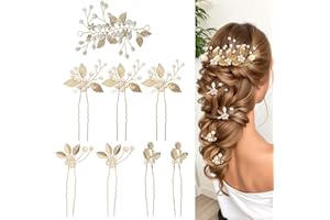 LUNAANDA 8 Stück Haarschmuck Hochzeit, Hochzeit Kristall Haar Reben,U-Förmig Braut Haarnadeln,Blume Perle Kopfschmuck Braut Kristall Blatt Haarschmuck,Gold,Für Brautjungfern,Braut,Damen,Mädchen