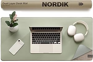 NORDIK BY DESIGN Nordik Felt and Leather Desk Mat - Willow Haze Sage - 35x17 Inch Felt and Vegan Leather Desk Blotter with Document Hideaway - Large Computer Mats for Desktop - Ideal Keyboard Mat for Office and Home