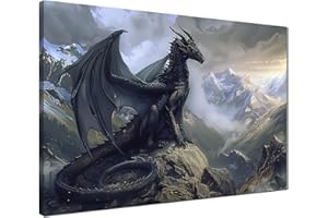 ARNLRDYA Schwarzer Drache, Leinwanddruck, Pterodaktylbild, Wandkunst, Fantasy-Drachen, Wanddekoration, Gemälde für Jungen, Schlafzimmer, riesiges Drachen-Dekorationsposter mit Rahmen, fertig zum Aufhängen, 61