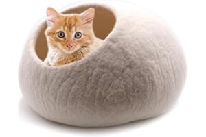 Miauff® Katzenhöhle Katzenbett aus Filz - Handgefertigte Kuschelhöhle aus 100% Wolle - Hygienisch, geruchsneutral & stilvoll, Ø ca. 42 cm x 28 cm (weiß, ohne Lammfell)