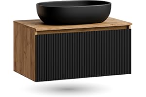 Planetmöbel Arisa juego de muebles de baño, lavabo de 80 cm color oro roble negro (con estrías), lavabo de 60 cm color negro, incluye sifón de ahorro de espacio