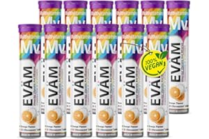 ‎EVÄM EVÄM Multivitamin Brausetabletten I Geschmack Orange I 12x 20 Stück I Nahrungsergänzungsmittel mit 10 wichtigen Vitaminen für den täglichen Vitaminbedarf I Vegan I Zuckerfrei I Made in Germany