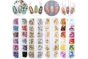 FLOFIA Juego 4 Cajas Decoración Adornos de Uñas Piedras 3D Pedrería Cristales de Uñas Diamantes Rhinestones Nail Glitter para Arte de Uñas Gel 48 Cajitas de Estilos Colores Mezclados