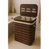 L&uuml;ks Bambu 3 B&ouml;lmeli &Ccedil;amaşır Kirli Sepeti 52X32X60CM B&uuml;y&uuml;k Boy 100 Lt (Kahverengi)