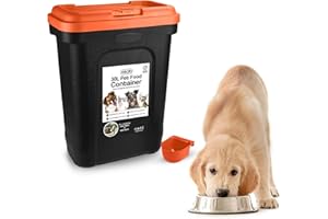 ASAB Pet Food Storage Container Large 30L/15kg Plastic Food Storage Container With Integrated Food Scoop and Flip Top Locking System Perfect for Dog Treats Dog Food and Kitten Food (Red, Large)