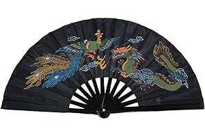 Medifier Chinese Kung Fu Tai Chi Fan Arts Dance/Practice Performance Bamboo Folding Fan Dragon And Phoenix black background
