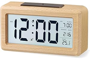 aboveClock Digital Alarm Clock, Wooden Bedside Clock with Large LCD Backlit Display, Temperature, Snooze Function, Brightness Sensor, 3 AAA Battery Operated【Battery NOT Included】