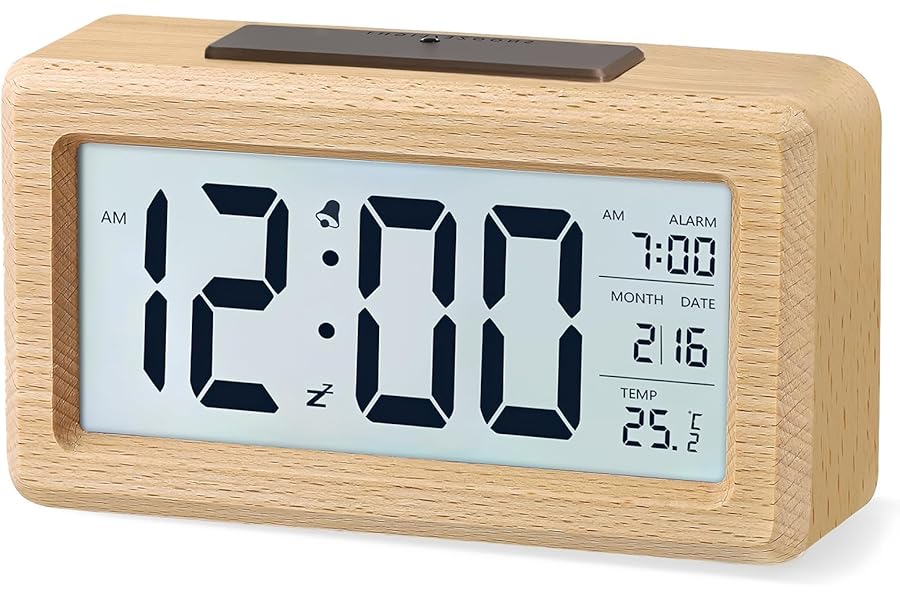 aboveClock Digital Alarm Clock, Wooden Bedside Clock with Large LCD Backlit Display, Temperature, Snooze Function, Brightness Sensor, 3 AAA Battery Operated【Battery NOT Included】