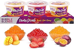 ‎BUBBLE BLENDS Popping Boba Fruchtperlen Mango, Pfirsich, Erdbeere Sortenpaket - 3 x 450g Bubble Blends Boba Perlen mit Fruchtsaft – Milchfrei, 100% Fett- & Glutenfrei - Boba Bubble Tea Perlen