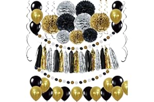 LYXIMGSS Schwarz Gold Party Deko Set - DIY Pompoms Blumen, Quaste Girlande, Luftballons, Polka Dot Papier Girlande, Spiral Girlanden, für Abschlussfeier und Ruhestandsfeierdekor