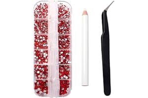 NUTTDOO Nail Art Rhinestones, 1500PCS Rhinestones in 6 Sizes, Nail Art Gems with Pick Up Tweezers and Rhinestone Picker Dotting Pen, Tools for Nails, Craft 1.5 mm - 4.0 mm (Red)