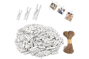 Deepton 150 Stück Holzklammern Klein Weiße, 2.5/3/3.5cm Mini Wäscheklammern Holz, Kleine Klammern mit 10m Juteschnur, Deko Fotoklammern für DIY Fotowand, Kartenhalter, Bastelprojekte & Partydeko