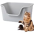 Vealind Open Top Cat Litter Tray with High Sides and Low Entry Cat Litter Box, 100% Leak Proof Anti Splash Pet Litter Box Cat Potty (Grey)
