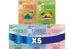 Fria K-Beauty Kit 5 Maschere in Tessuto Biodegradabile Ispirate alla Skin Care Coreana, Adatte ad Ogni Tipo di Pelle, Effetto: Detox, Illuminante, Energizzante, Purificante e Idratante