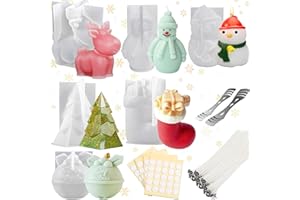 TZEKING Set de Moules à Bougies de Noël en Silicone - 218 Pièces avec 6 Moules, 200 Mèches, 2 Supports, 10 Autocollants - DIY