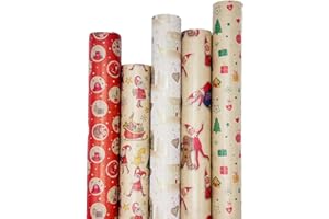 arkamii 5 rotoli carta da regalo 2m x 70 cm kraft avana carta riciclabile disegno natale (R15)