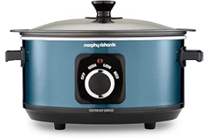 Morphy Richards Accents 3.5L Sear & Stew Slow Cooker, Shatter Resistant Non Stick Aluminium Pot, Single Pot Cooking, Compact, 3 Heat Settings, Hob Proof, Glass Lid, Easy Clean, 163W, Blue, 460023