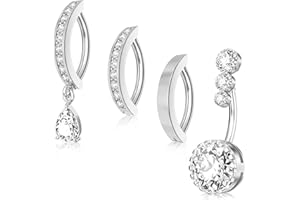 EYEZEEPTION 4 Stück Bauchnabelpiercing Ring Bauchnabelpiercing 10mm 12mm Stablänge Bauchnabelpiercing Clip Silber mit Strass Bauchnabelpiercing Chirurgenstahl Geschenk für Frauen Schmuck. (Silber-4Pcs)
