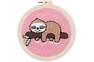 Figured'Art Punch Needle Kit de Bordado Adultos y Niños - Perezoso en una rama - Manualidades Kit de Aguja Mágica DIY completo - 20x20cm con bastidor circular