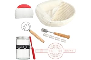 ATLIBERSWO Kit de inicio para hornear pan de masa madre - 8 accesorios: cesta de rattan para crecer, tarro de fermentación, espátula, cuchillos de panadería, tapete y batidor de masa