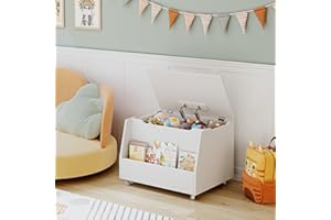 HOCSOK Drewniana skrzynia na zabawki, ławka do siedzenia z miejscem do przechowywania na kółkach, skrzynia na zabawki z pokrywką, skrzynia do przechowywania o dużej pojemności, biała