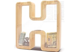 DBPBToU Hucha Grande de Madera con Letras, Huchas Personalizada Transparente 23*4*23cm, Hucha Cerdito para Niños, Hucha Grandes Creativa para Regalo de Cumpleaños/Decoración del Hogar/Recuerdo (H)
