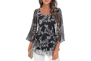 Syphiby Womens Blouses Ruffle 3/4 Sleeve Tunic Tops Loose Flowy Square Neck Chiffon Top Double Layers Mesh Shirts M-3XL