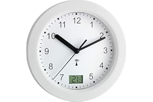‎TFA DOSTMANN TFA Dostmann Analoge Badezimmer Uhr Funk, 60.3501, mit digitaler Temperaturanzeige, feuchtigkeitsgeschützt, ohne Bohren, 4 Saugnäpfe, Funkuhr, inkl Thermometer, 17 x 5,9 cm, Silber