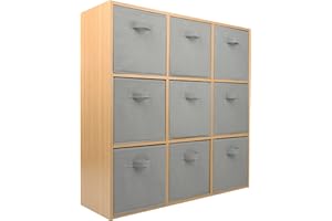 Charles Jacobs Oak 9 Cube Storage Shelving Unit + 9 Grey Fabric Drawers