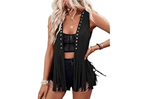 SANSIWU Women's Fringe Vest 70s Hippie Sleeveless Faux Suede Rivets Tassel Vest Waistcoat Cowgirl Western Jacket Cardigan