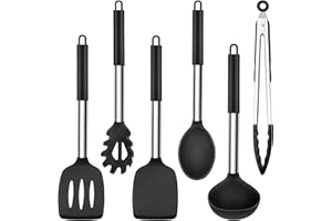 Herogo Kitchen Utensils Set, 6-Piece Silicone Cooking Utensil Set, Heat Resistant Stainless Steel Handle Cooking Tools, Non-Stick Silicone Spatula Turner Spoon Set, Easy to Clean - Black