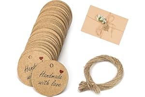 BIVOFU 100 Piezas Etiquetas Personalizadas Boda 3×3cm, Etiquetas Boda, Gracias Etiqueta Redonda Perforadas, "Handmade With Love", Con Cuerda De Yute, Para Diy Envolver Regalos Boda Fiesta Manualidade