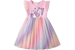 VIKITA Vestido Invierno Manga Larga Tul Algodón Bordado Unicornio para Niñas 2-8 Años