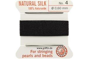 GRIFFIN SINCE 1866 GERMANY Griffin 100% Natural Silk Beading Cord String Thread - Black - 2 metres with one Needle - Size 0.60mm
