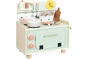 Janod - Cocinita Infantil de Madera - Minicocina Infantil - Equipada con Horno, Fregadero y 10 Accesorios Incluidos - Botones Sonoros Giratorios - Juguete de Imitación - A Partir de 2 años