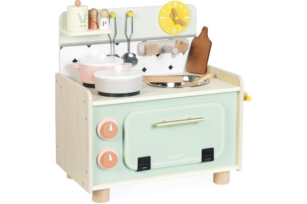 Janod - Kitchenette Enfant en Bois - Petite Cuisine Enfant - Équipée avec Four, Évier et 10 Accessoires Inclus - Boutons Rotatifs Sonores - Jouet Imitation et Eveil - Dès 2 Ans, J06640