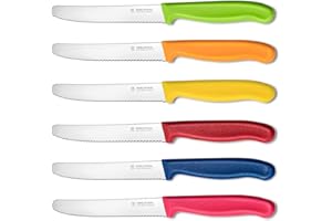 targzier Tomato Knife Colour Set of 6, Sharp Blade Serrated Kitchen Knives,Stainless Steel Utility Knife,Wavy Edge Table/Dinner Knifes,Multicolor Tomato Knives Set,Ergonomic Handle&Dishwasher Safe