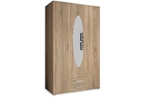 ‎STELLA TRADING Stella Trading Eleganter Kleiderschrank 3-türig mit viel Stauraum - Vielseitiger Drehtürenschrank in Sonoma Eiche Optik mit Spiegeltür - 120 x 195 x 55 cm (B/H/T)