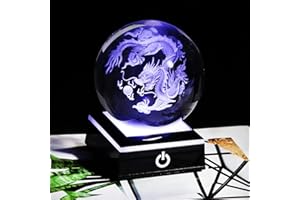 Movdyka 3.15 in. Crystal Dragon Ornament Ball Glass Engraved 3D Chinese Grangon Loong Ball Ornaments Paperweights with Colorful LED Night light Base (8cm)